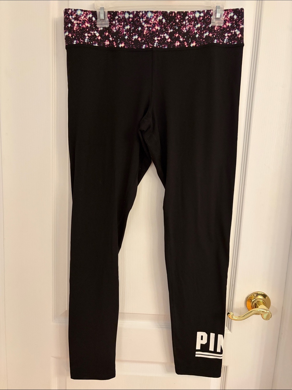 PINK Victoria's Secret Black Leggings with Pink & Purple Galaxy Waistband